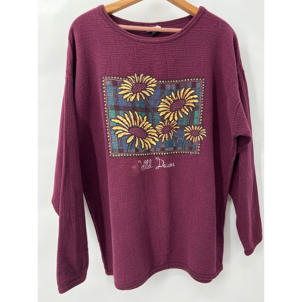 Vintage Weathervane Wild Daisies Waffle Knit Top Womens L Burgundy‎ Made in USA